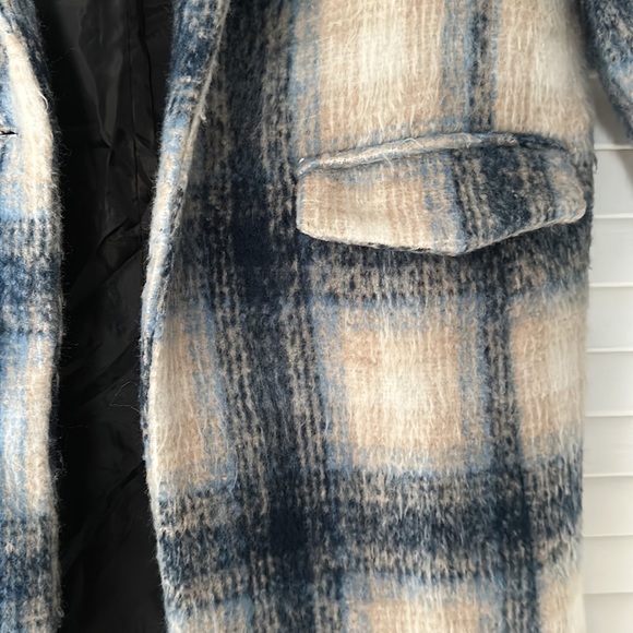 Blue checkered Fleece overcoat with pockets - Picture 3 of 7